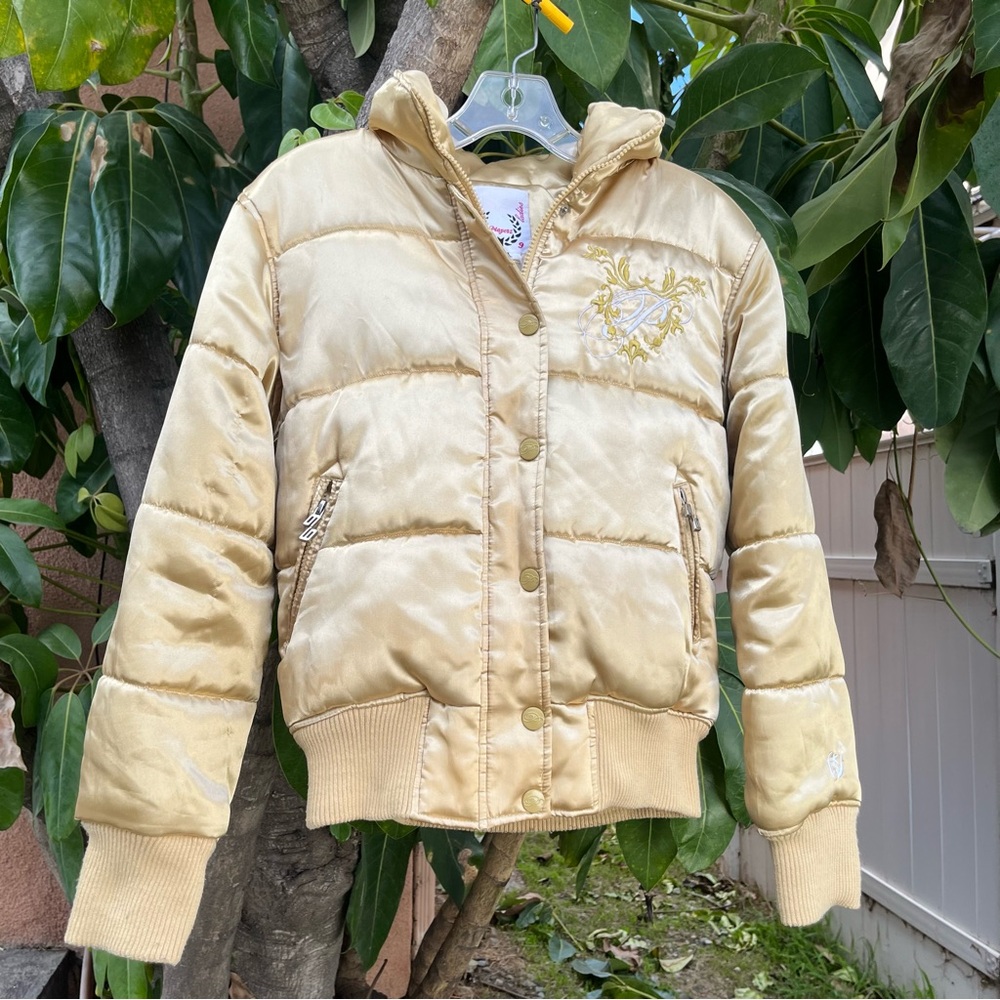 Vintage Y2K Playerz Gold Puffer Jacket with a Fur Trim Hood .